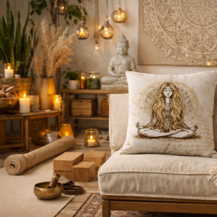 Meditation Goddess Yoga Art Neutral Boho Throw Pillow