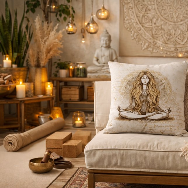 Meditation Goddess Yoga Art Neutral Boho  Throw Pillow (Creator Uploaded)
