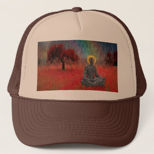 Meditation in surreal landscape trucker hat