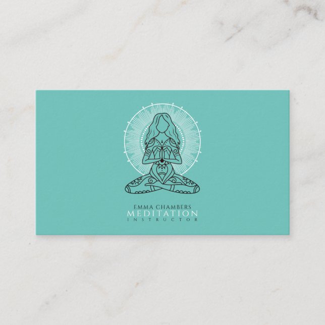 Meditation Instructor Lotus Pose Mandala Green Business Card (Front)