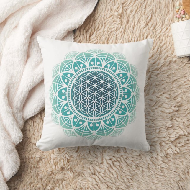 Meditation, mint green Mandala Flower of life Throw Pillow (Blanket)