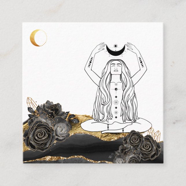 *~* Meditation Moon Luna Rose Goddess Yoga Boho Square Business Card (Front)