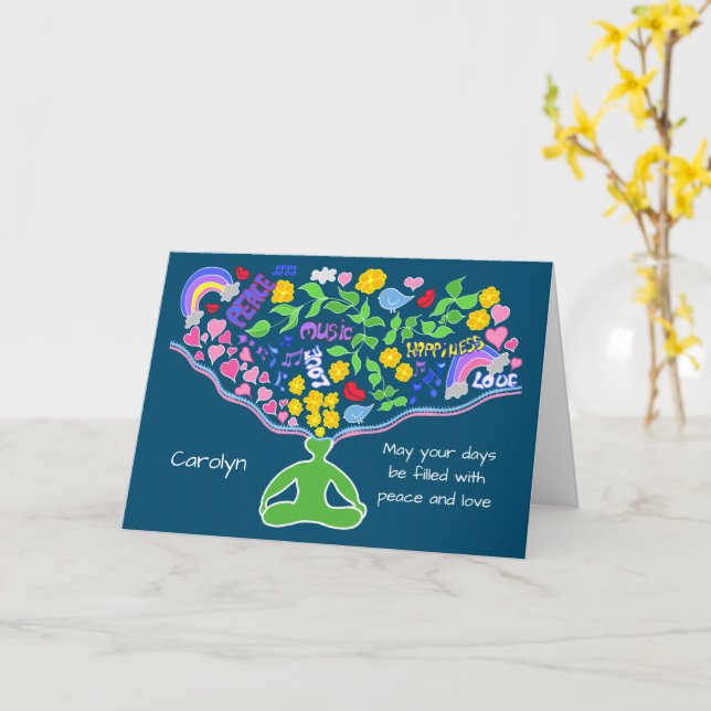 Meditation on peace, love, happiness. Personalized Card (Yellow Flower)