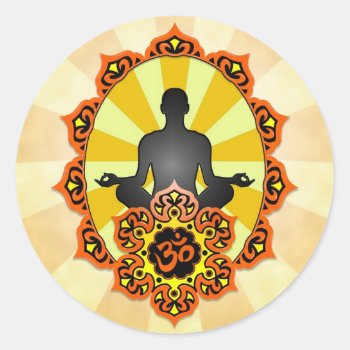 Meditation Yoga Aum  Orange And Yellow Classic Round Sticker by JeffBartels at Zazzle