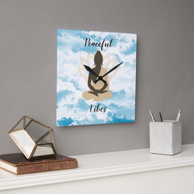 Meditative Buddha Peaceful Vibes in Clouds Square Wall Clock (Office)
