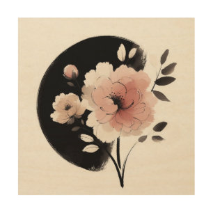 Meditative Ink Circle and Gentle Petals Wood Wall Art