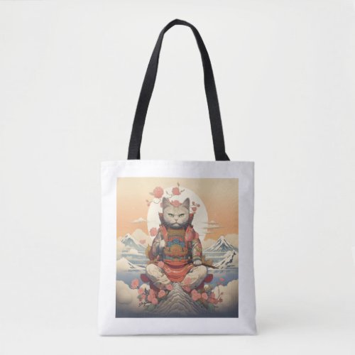 Meditative Samurai Cat A Journey Above Mount Fuji  Tote Bag