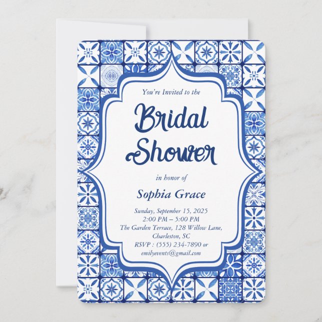 Mediteranean Blue Tile Bridal Shower Invitation  (Front)