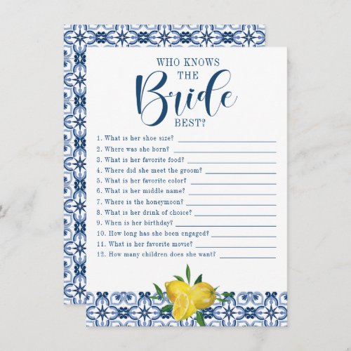 Mediteranean Blue Tile Lemon Bridal Shower Game Invitation