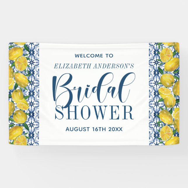Mediteranean Blue Tile Lemon Bridal Shower Welcome Banner (Horizontal)