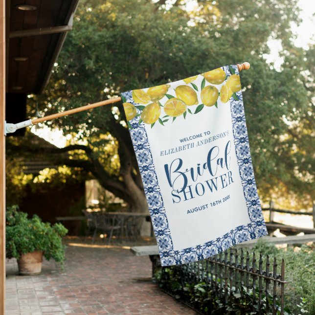 Mediteranean Blue Tile Lemon Bridal Shower Welcome House Flag (In SItu)