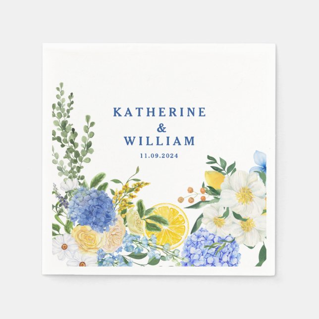 Mediterranaen lemon wedding blue and yellow floral napkins (Front)