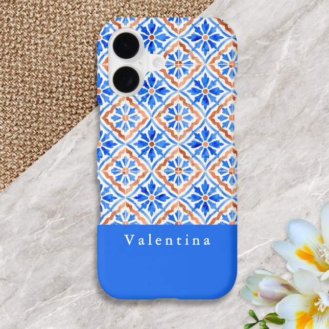 Mediterranean Abstract Tile Pattern Blue Custom Case-Mate iPhone Case (A personalized phone case with Mediterranean style tile pattern in blue, terracotta and soft white)