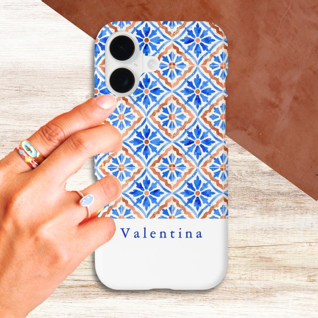 Mediterranean Abstract Tile Pattern Personalized Case-Mate iPhone Case (A phone case with Mediterranean-inspired blue, terracotta and white geometric tile pattern)
