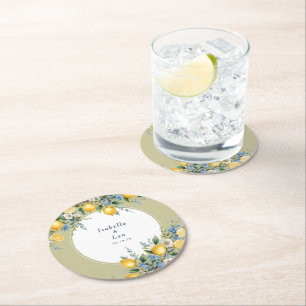 Mediterranean Amalfi Lemon Personalized Wedding Round Paper Coaster