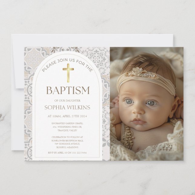 Mediterranean Amalfi Tiles Arch Baptism Photo Invitation (Front)