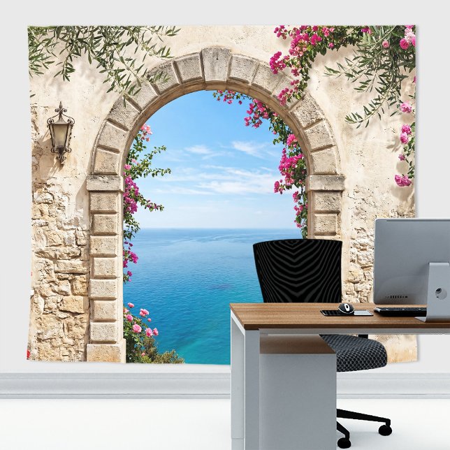 Mediterranean Arch Ocean View Wedding Backdrop (Italian Villa seaside tapestry for zoom meetings, wedding backdrop or home decor)
