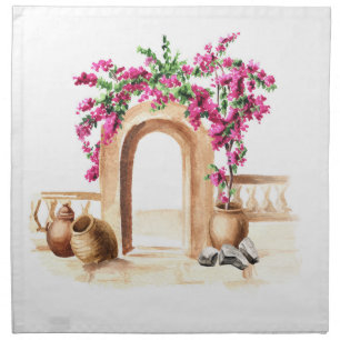 Mediterranean architecture, flowers, watercolor, h cloth napkin