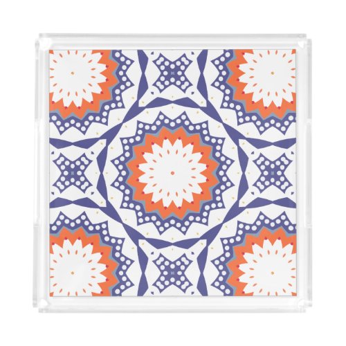 Mediterranean Azulejo Blue White and Orange Mosaic Acrylic Tray