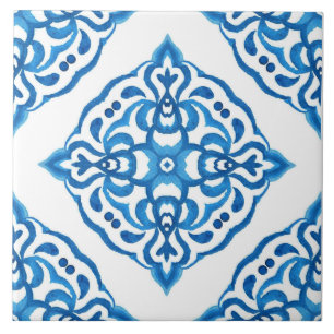 Mediterranean Azulejo Blue White Damask Ceramic Tile