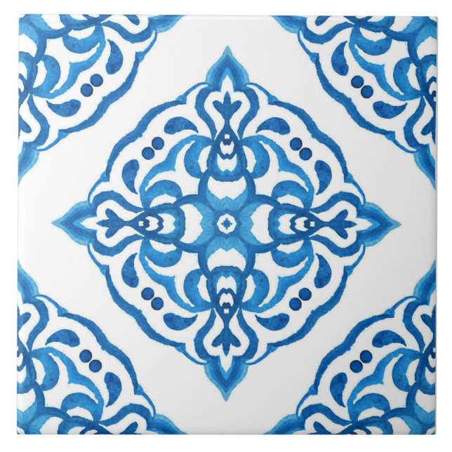 Mediterranean Azulejo Blue White Damask Ceramic Tile (Front)