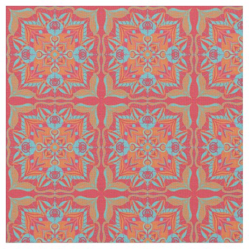 Mediterranean Azulejo Coral Floral  Fabric