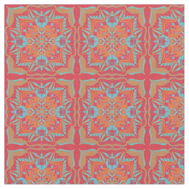 Mediterranean Azulejo Coral Floral  Fabric (Close Up)