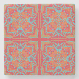 Mediterranean Azulejo Coral Floral Stone Coaster