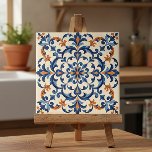 Mediterranean Azulejo Style Navy Blue and Orange Ceramic Tile