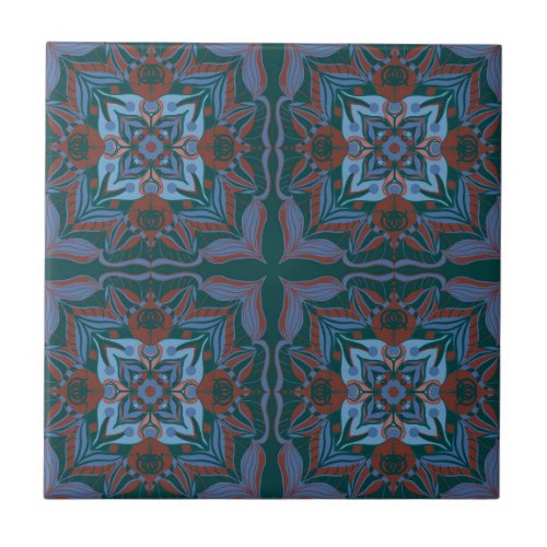 Mediterranean Azulejo Teal Floral Ceramic Tile