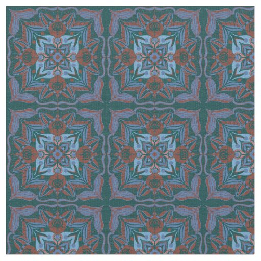 Mediterranean Azulejo Teal Floral  Fabric