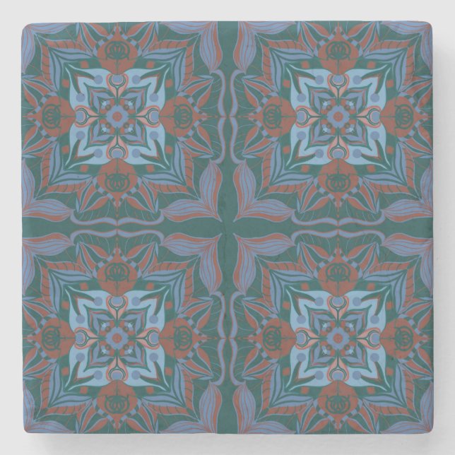 Mediterranean Azulejo Teal Floral Stone Coaster (Front)