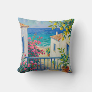 Mediterranean Balcony Lemon Bougainvillea Sea View Throw Pillow
