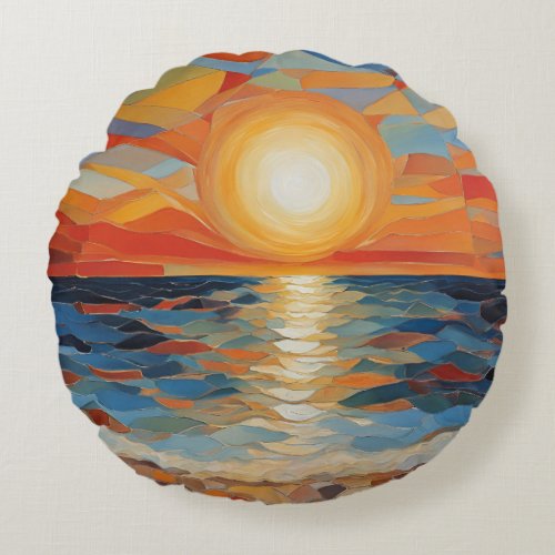 Mediterranean Beach Sunrise Sunset Modern Art Round Pillow