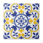 Mediterranean Bloom Ceramic Tile<br><div class="desc">The Mediterranean Bloom design radiates with vibrant symmetry, combining bold navy and sunshine yellow in a stylized floral motif. Encased in elegant swirls and leaf forms, this ornamental piece brings warmth and charm to any surface. Ideal for tiles, coasters, and mugs, this pattern channels classic southern European aesthetics with a...</div>