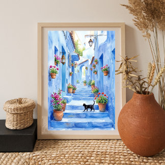 Mediterranean Blue Alley Watercolor Cat Art Poster