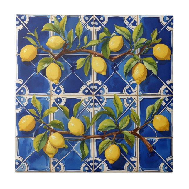 Mediterranean blue and lemons traditional ceramic tile (Front)