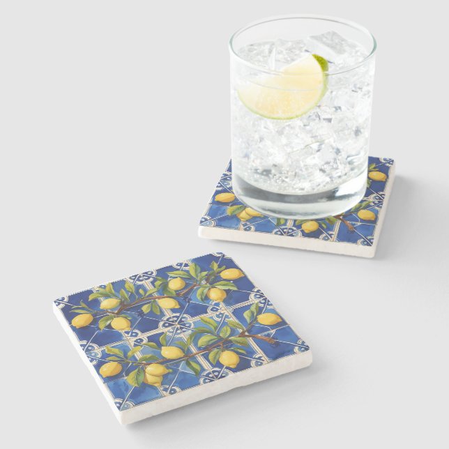 Mediterranean blue and lemons traditional stone coaster (Side)