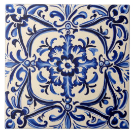 Mediterranean Blue and White Abstract Folk Art Ceramic Tile
