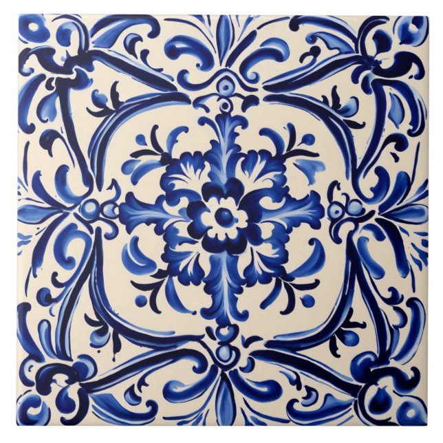 Mediterranean Blue and White Abstract Folk Art Ceramic Tile (Front)