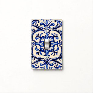 Mediterranean Blue and White Abstract Folk Art Light Switch Cover