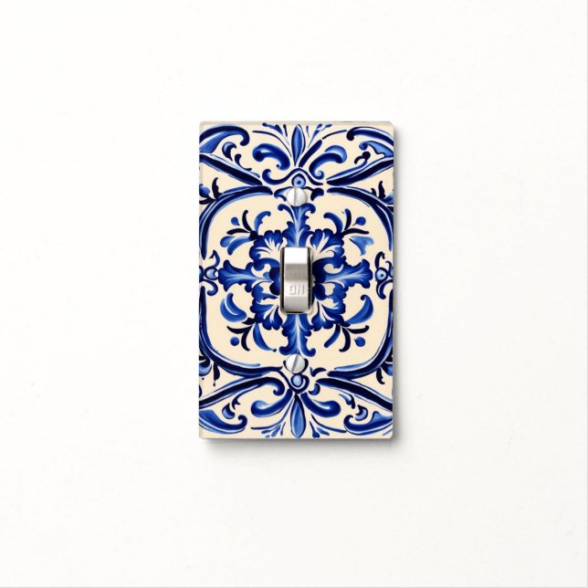 Mediterranean Blue and White Abstract Folk Art Light Switch Cover (In Situ)