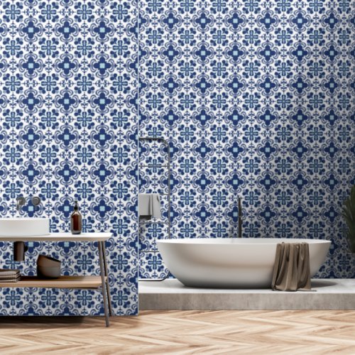 Mediterranean Blue and White Floral Tile Pattern  Wallpaper