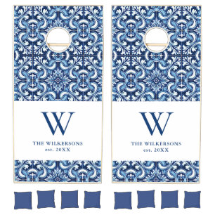 Mediterranean Blue and White Tile Pattern Monogram Cornhole Set
