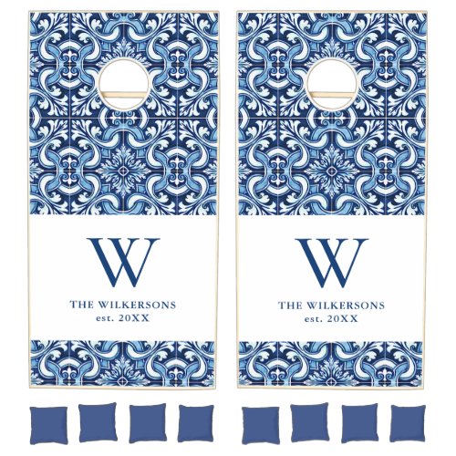 Mediterranean Blue and White Tile Pattern Monogram Cornhole Set