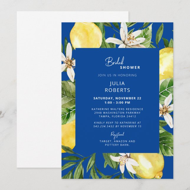 Mediterranean Blue and Yellow Bridal Shower Invita Invitation (Front/Back)