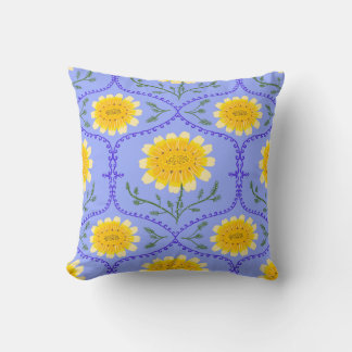Mediterranean Blue and Yellow Floral Greek Flora  Throw Pillow
