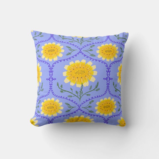 Mediterranean Blue and Yellow Floral Greek Flora  Throw Pillow (Front)