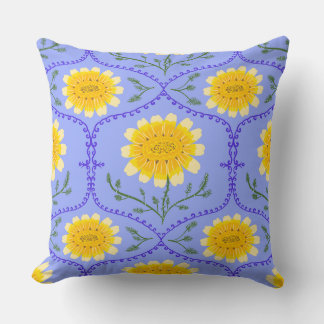 Mediterranean Blue and Yellow Floral Greek Flora  Throw Pillow