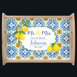 Mediterranean Blue and Yellow Lemon Wedding Gift Serving Tray<br><div class="desc">Celebrate the newlyweds' special day with this Mediterranean Blue and Yellow Lemon Wedding Gift Serving Tray! This personalized tray features a beautiful blue and yellow Mediterranean tiled look, perfect for adding a touch of country rustic charm to any home. Easily personalize with names and established year Featuring blue and yellow...</div>